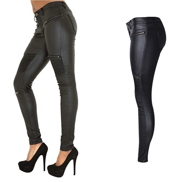 PU Leather Denim Pants  Tight Stretchy Rider Leggings Black - Picture 1 of 6